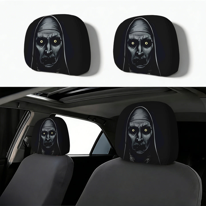Car headrest cover with retro horror motif