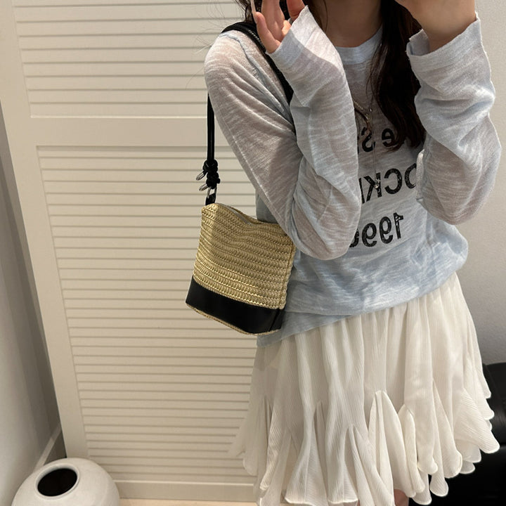 Woven Straw and Leather Crossbody Bag Kalsten