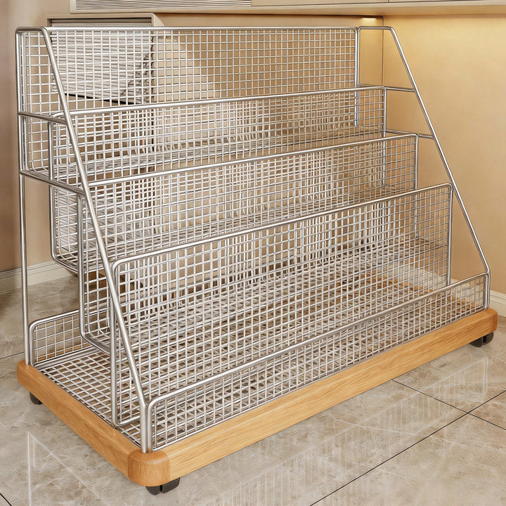 Angled Mesh Rolling Magazine and Book Display Shelf with Locking Casters