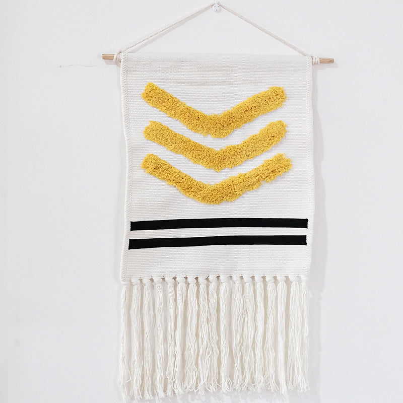 Wall hanging with hand-tufted 3D application and cotton fringes
