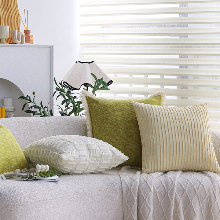 Rectangular cushion cover with woven linen look and decorative fringed edge Kalsten