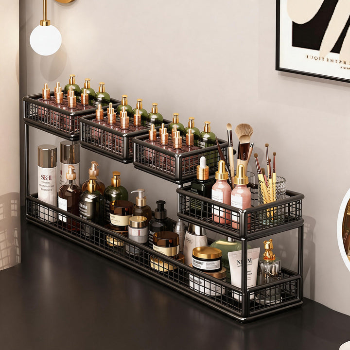 Multi-Tier Metal Mesh Vanity Organizer with Tissue Holder and Adjustable Shelves