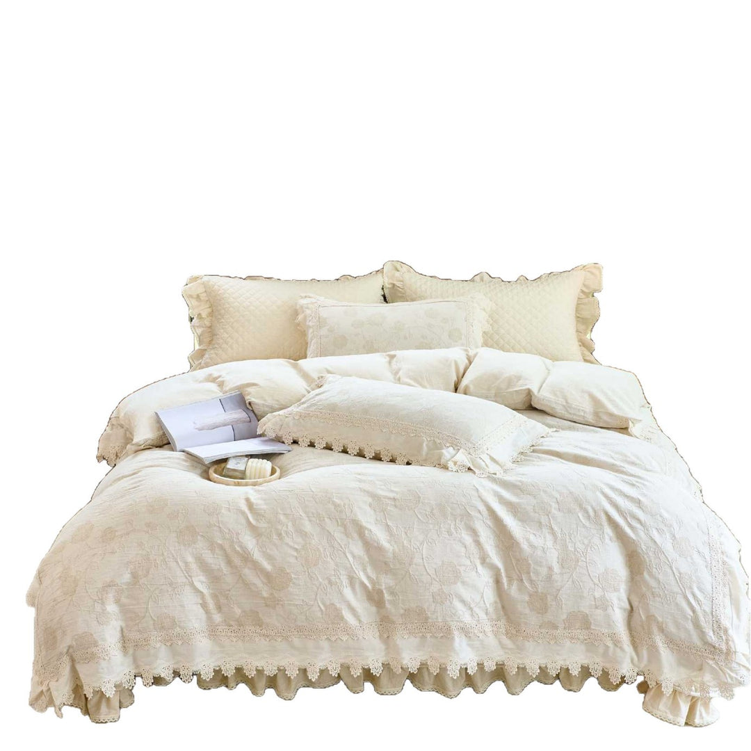 Vintage-inspired cotton-linen bedding set with lace trim and quilting pattern