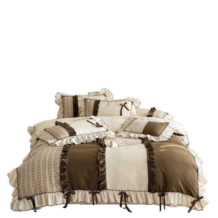 Country house style cotton-linen bedding set with ruffles, striped bedspread and decorative pillow