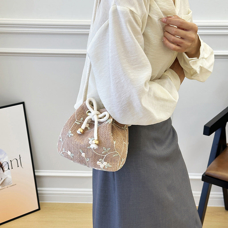 Embroidered Drawstring Bucket Bag Kalsten