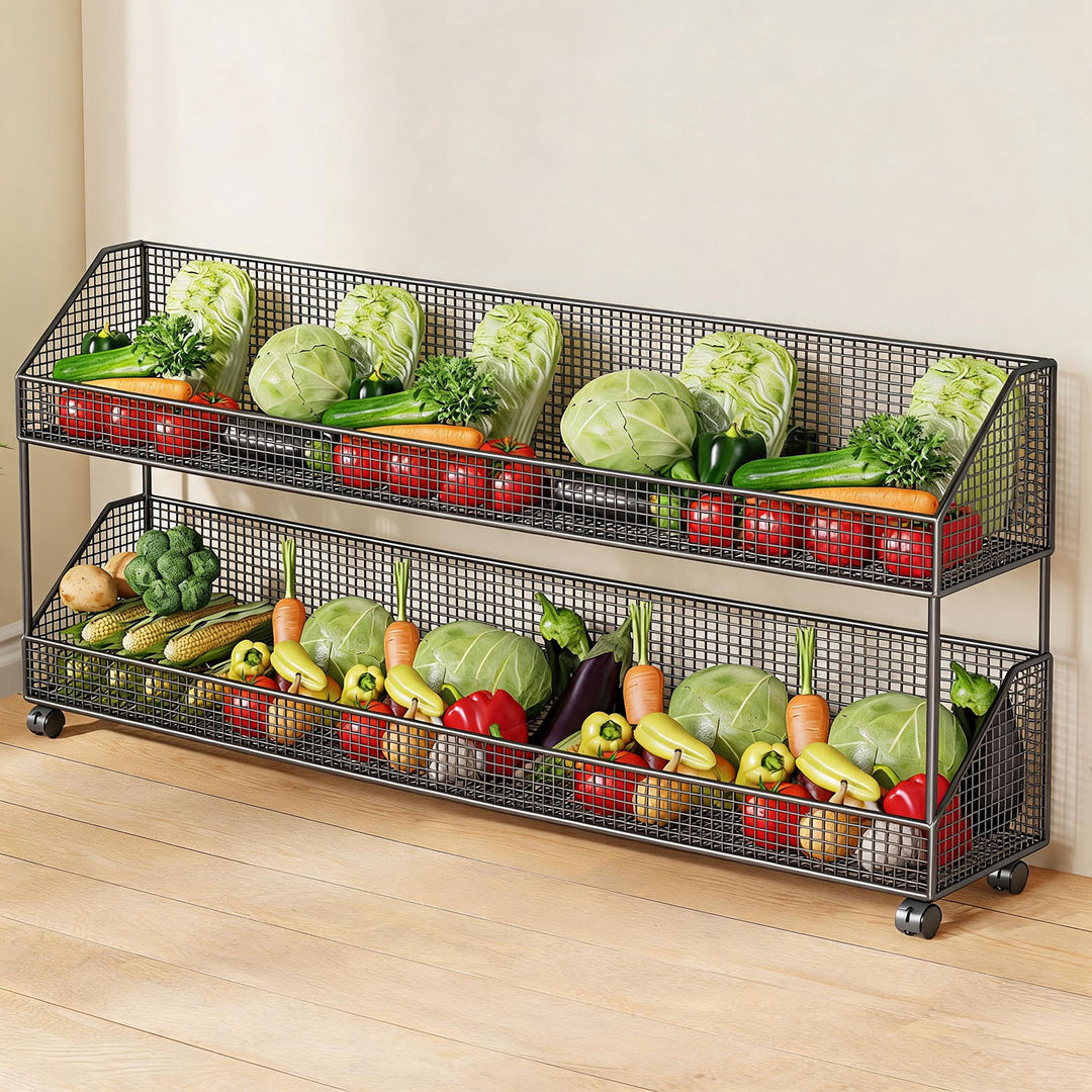 Two-Tier Mesh Rolling Kitchen Produce Storage Cart
