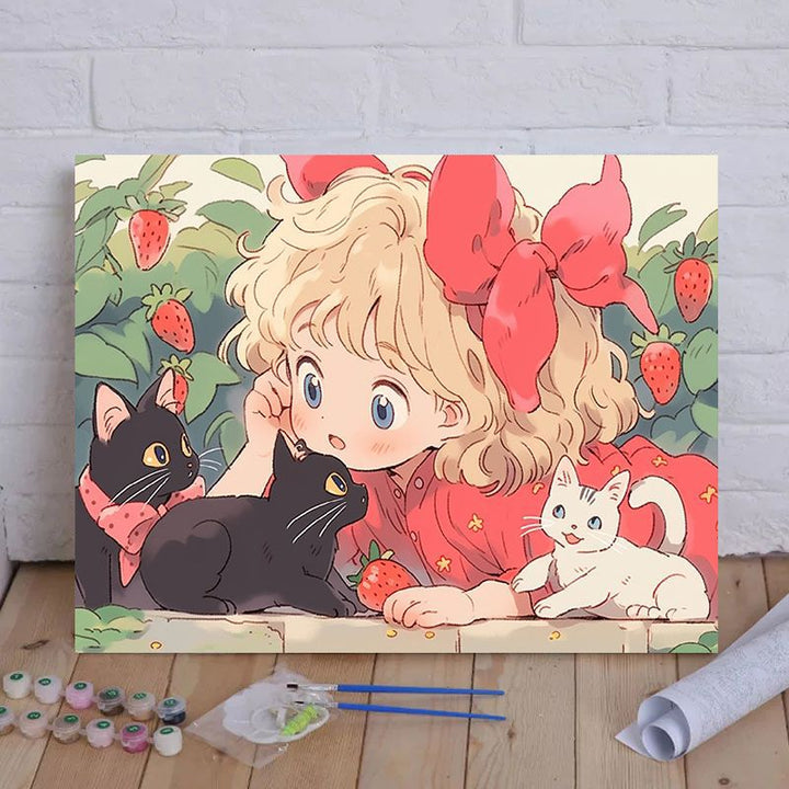 Cartoon Cat and Girl Themed Canvas Paint by Numbers Art Kit Kalsten