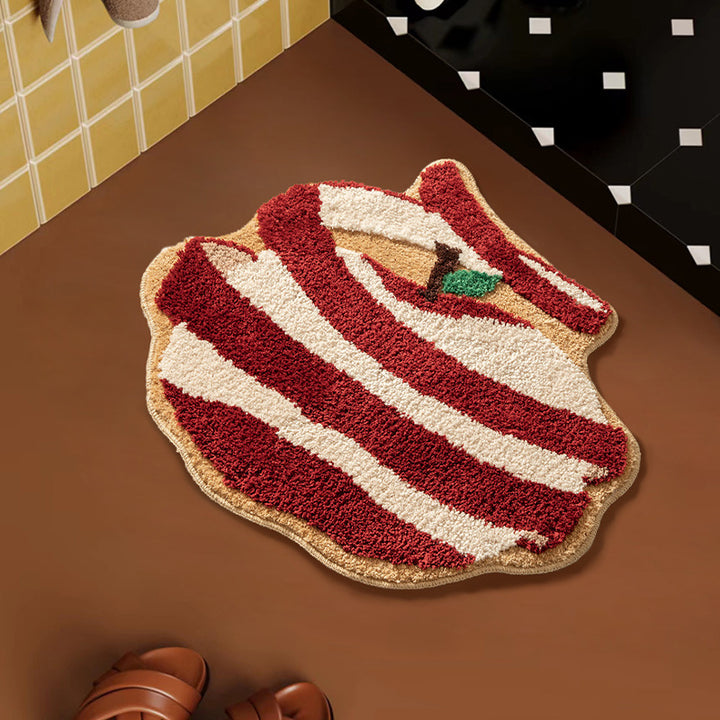 Apple-shaped high pile rug for bathroom and entrance area with tufting structure and non-slip backing