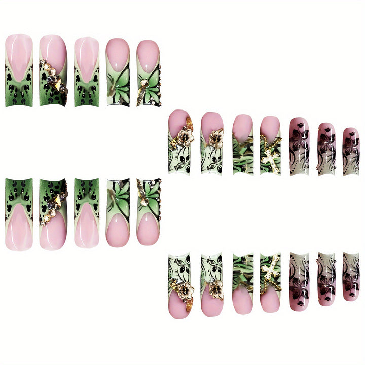Decorative Floral Press-On Nails with Gem Accents Kalsten