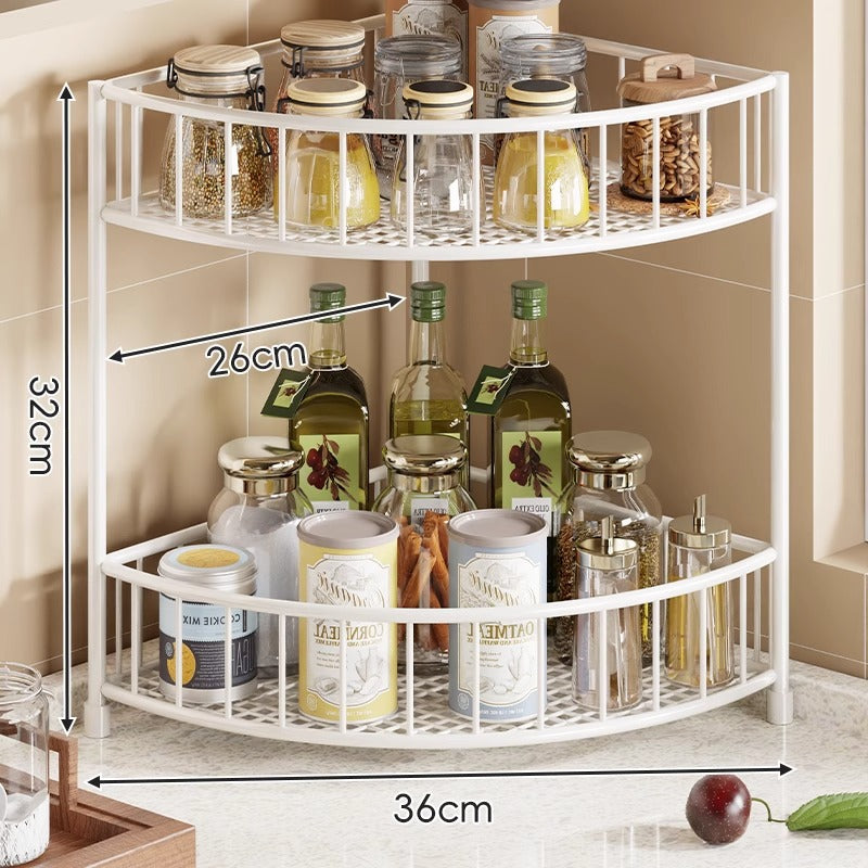 Three-Tier Rounded Corner Kitchen Storage Rack with Raised Rails and Mesh Shelves