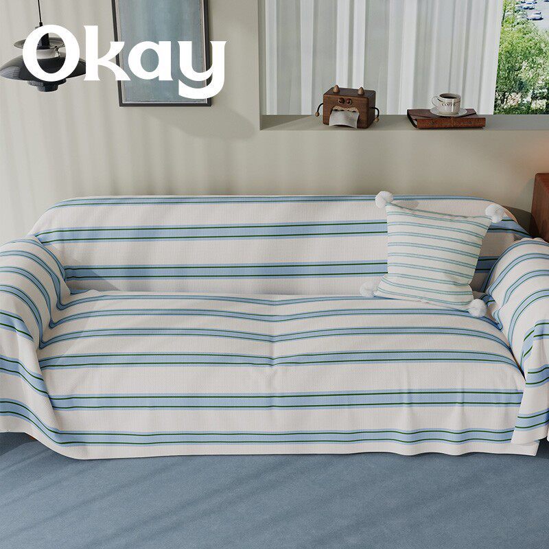 Reversible Plaid-Trim Sofa Slipcover and Throw Blanket Set