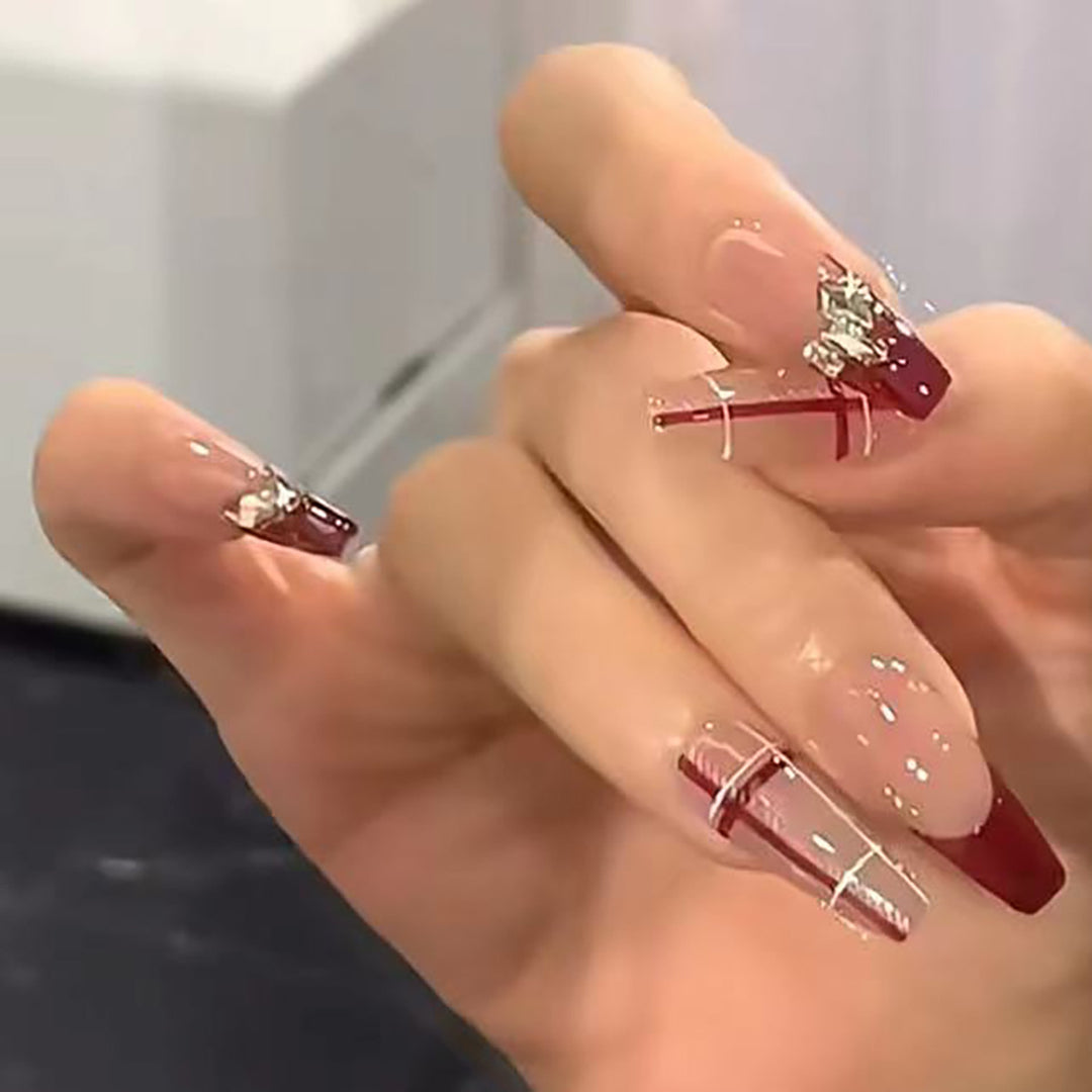 Decorative Press-On Nails with Rhinestone and Geometric Design Kalsten