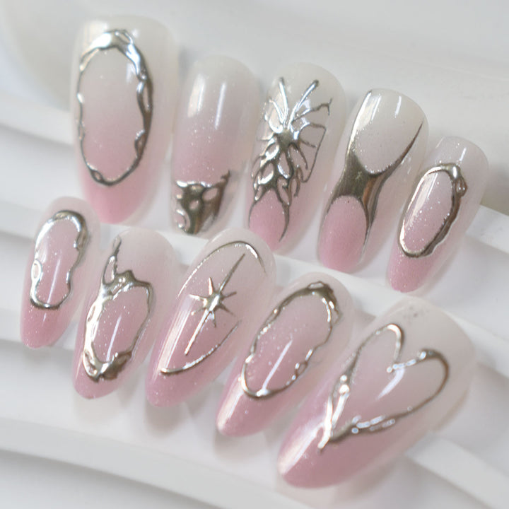 Elegant Artistic Stiletto Press-On Nails with Silver Accents Kalsten