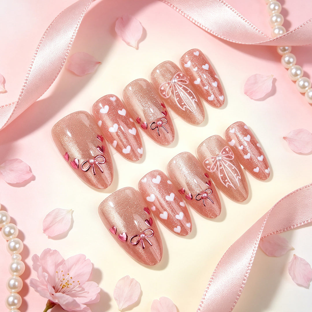 Decorative Press-On Nail Art Set with Heart and Bow Designs