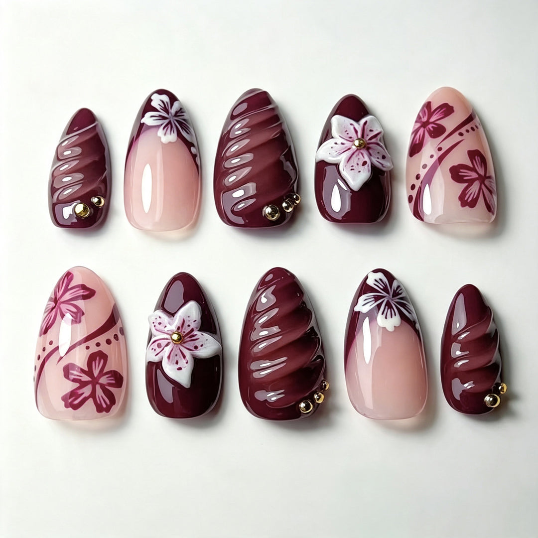 Artistic Press-On Nail Art Set with Floral and Glossy Designs Kalsten