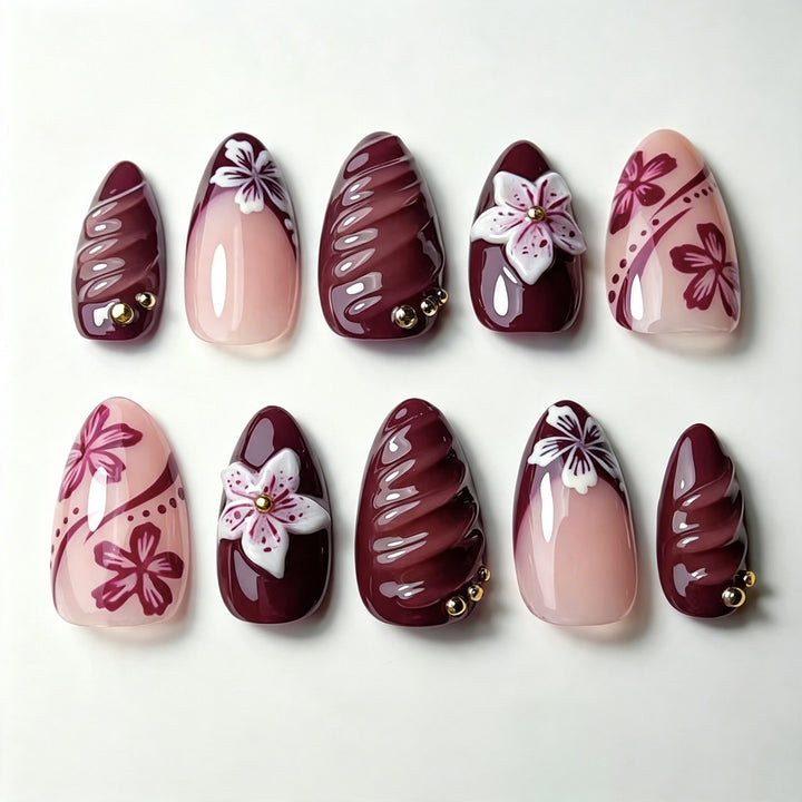 Artistic Press-On Nail Art Set with Floral and Glossy Designs Kalsten