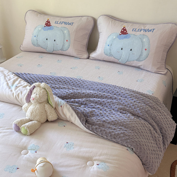 Children's bed set with quilted pillow set, mattress pad, and minky cuddle blanket