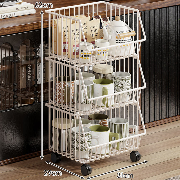 Four-Tier Tall Rolling Wire Pantry and Mug Storage Cart with Deep Slanted Baskets