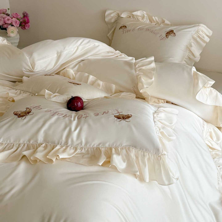 Elegant Ruffled Duvet Cover Set with Embroidered Butterfly Motifs and Silky Shine Surface
