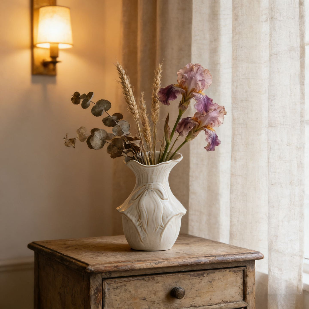 Petite Sculptural Ceramic Bud Vase with Organic Leaf Relief