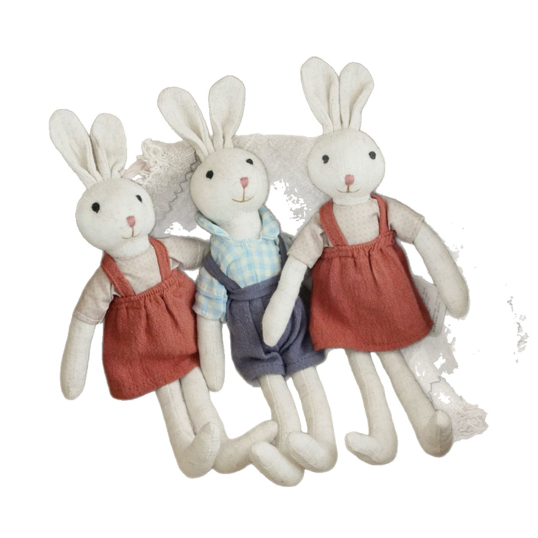 Handcrafted Neutral Linen Bunny Plush with Long Floppy Ears and Removable Two‑Piece Outfit