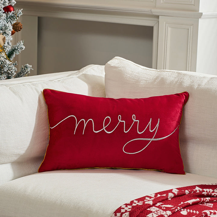 Decorative Holiday Throw Pillow with Gold Script Embroidery