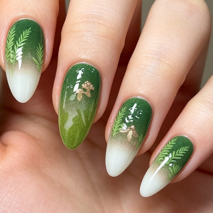 Elegant Leaf-Inspired Stiletto Nail Enhancements Kalsten