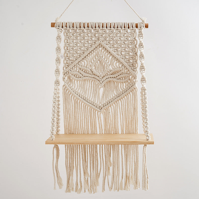 Macramé Hanging Shelf with Natural Wood Base Kalsten