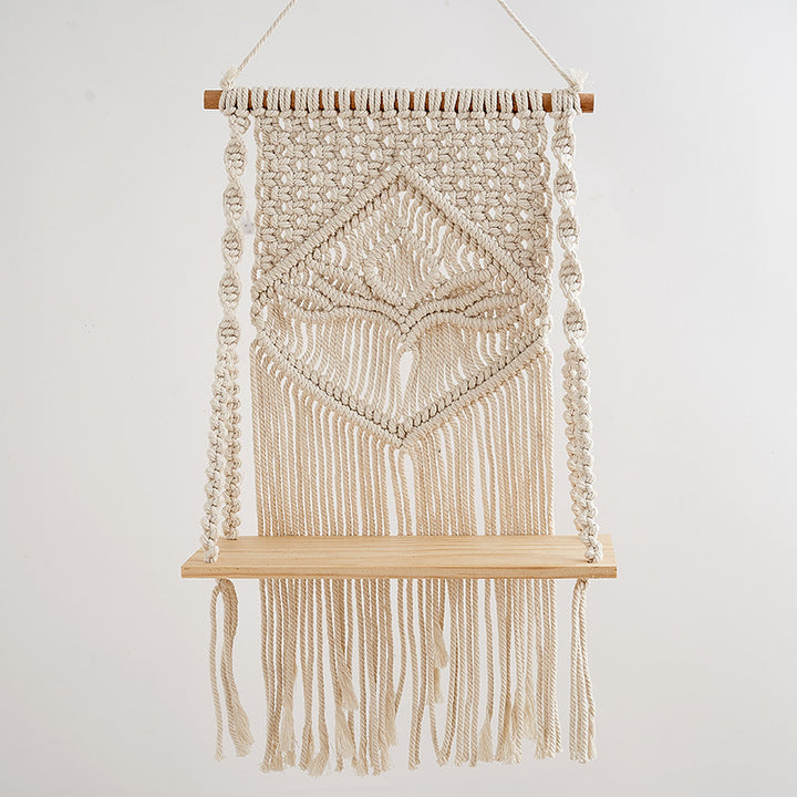 Macramé Hanging Shelf with Natural Wood Base Kalsten