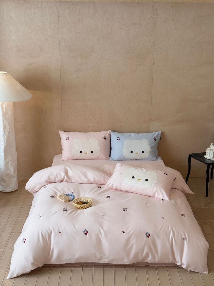 Cute embroidered bedding set with cat applique and cherry motif Kalsten