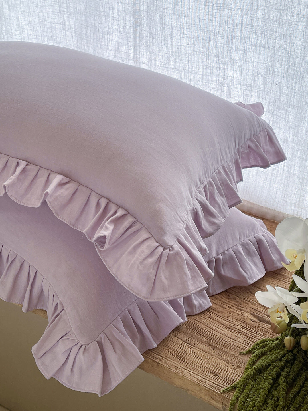 Ruffled Linen Pillowcase Set with Soft Washed Linen Texture