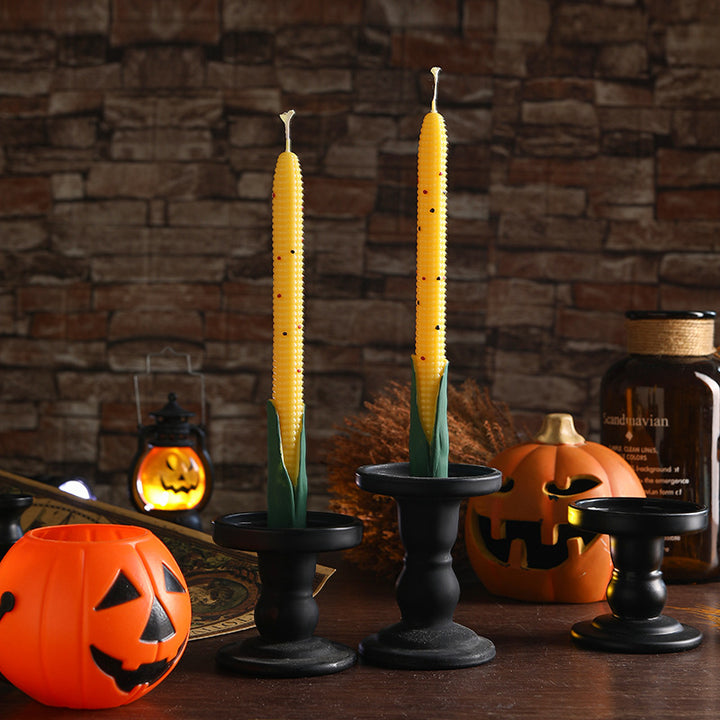 Hand-Poured Corn-Shaped Textured Taper Candle Set with Leaf Husk Base