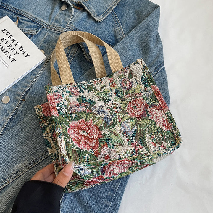 Floral Embroidered Tapestry Tote Bag