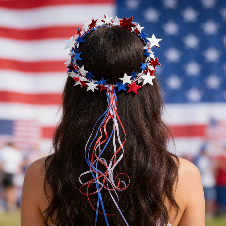 Independence Day star hoop streamer hanging decoration with metallic star garland and cascading ribbon tails Kalsten