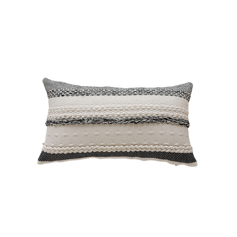 Woven Cotton Textured Lumbar Throw Pillow Cover with Braided Stripe Embellishments