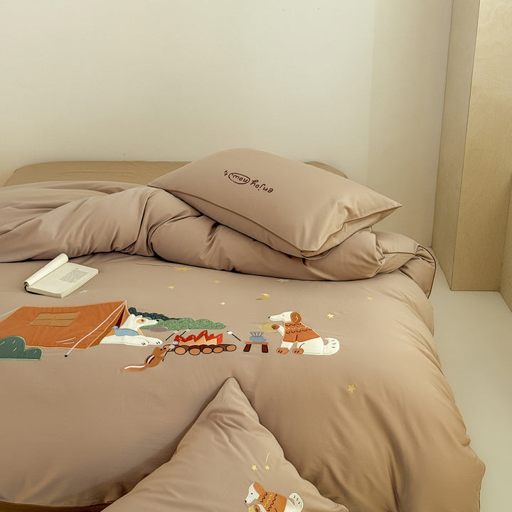 Children's bedding set made of cotton blend with embroidered camping motif