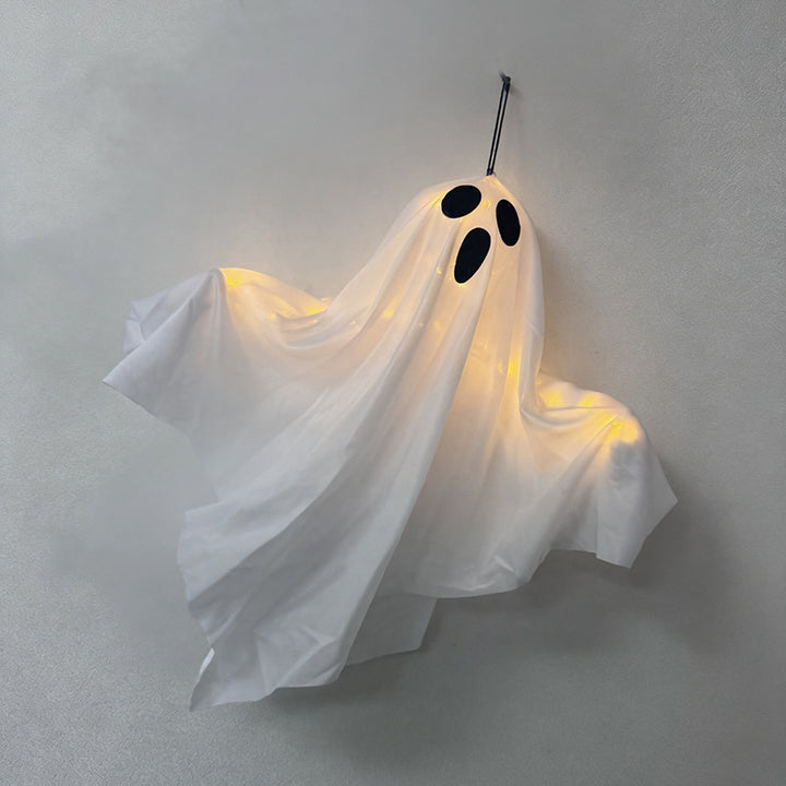 Hanging ghost decoration made of fabric with integrated LED string lights