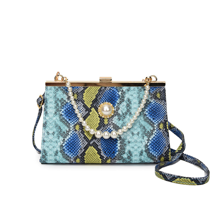 Elegant Pearl-Embellished Snakeskin Clutch Bag