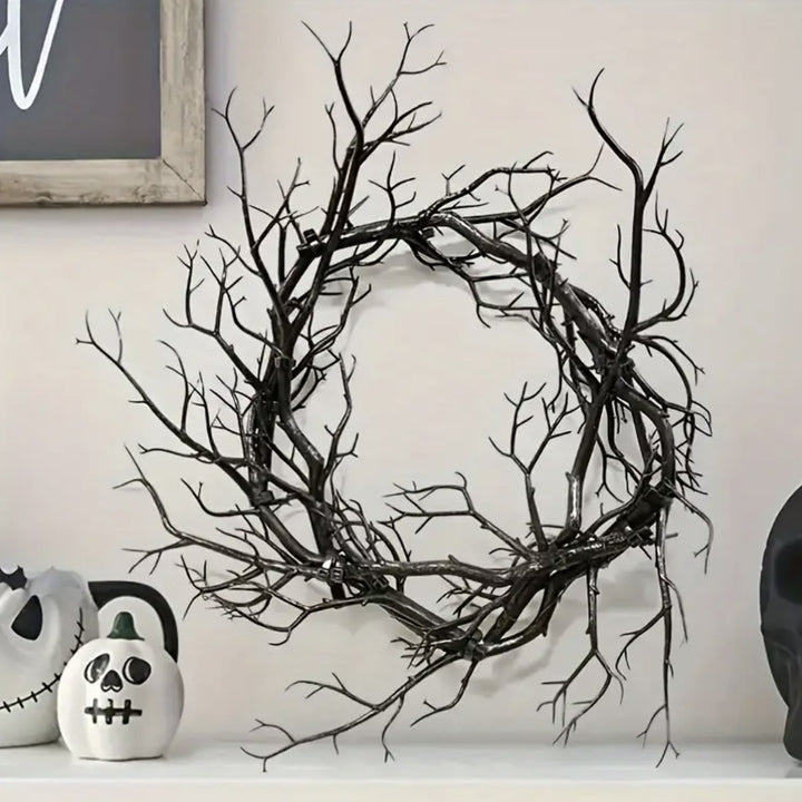 Halloween decorative wreath made of artificial branches with a natural branch look