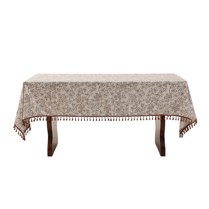 Rectangular high-quality tablecloth made of cotton-linen with hand-printed floral pattern and tassel border