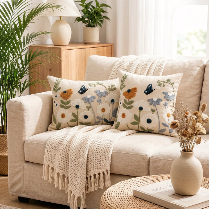 Hand-Embroidered Meadow Floral Accent Pillow Covers Set with Hidden Zipper