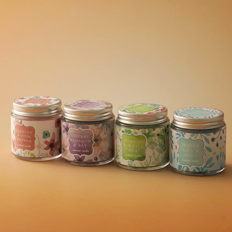 Scented Cherry Blossom & Bay Glass Jar Candle with Metal Screw Lid and Floral Label