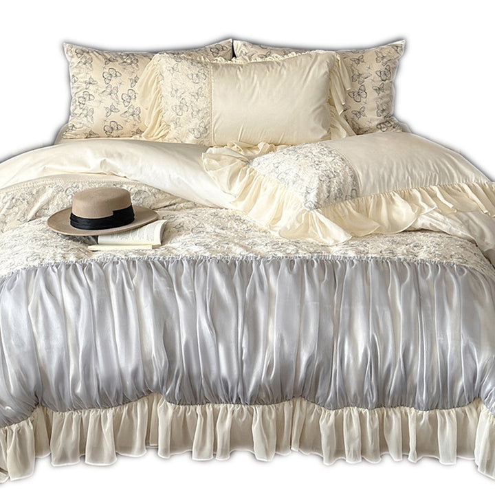 Luxury bedding set with gathered satin decor, floral jacquard duvet & ruffle cushion