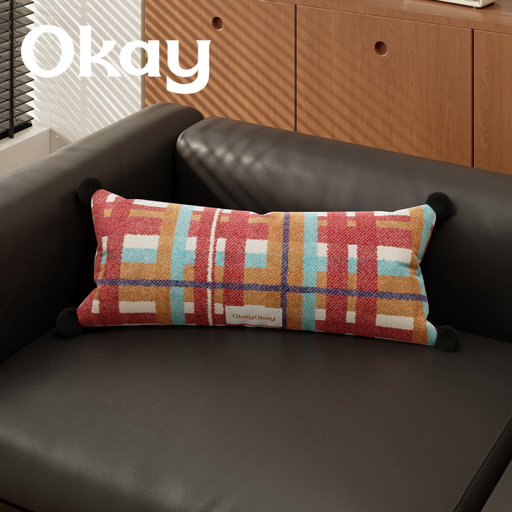Rectangular Plaid Pom-Pom Lumbar Pillow Cover