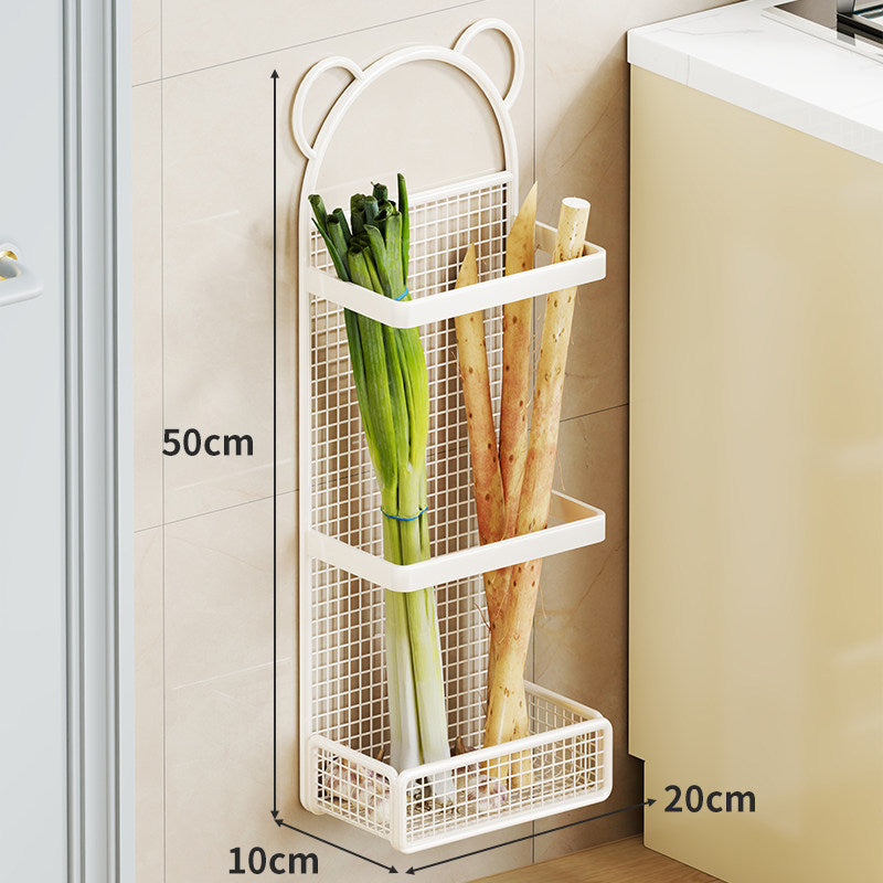 Wall-Mounted Vertical Mesh Produce Storage Rack with Three Tier Shelves and Bear-Ear Decorative Top