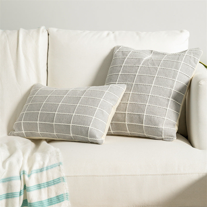 Woven decorative cushion cover made of cotton-linen with raised checkered pattern and concealed zipper