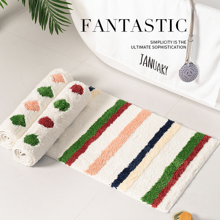Soft bath mat with high pile, striped relief pattern and non-slip backing