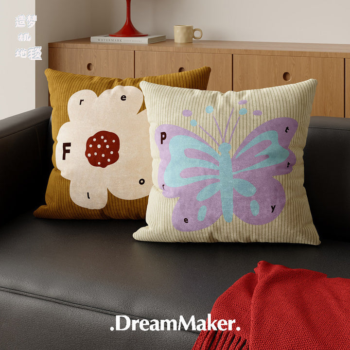 Decorative Square Throw Pillow Cover with Ribbed Texture and Large Floral Appliqué