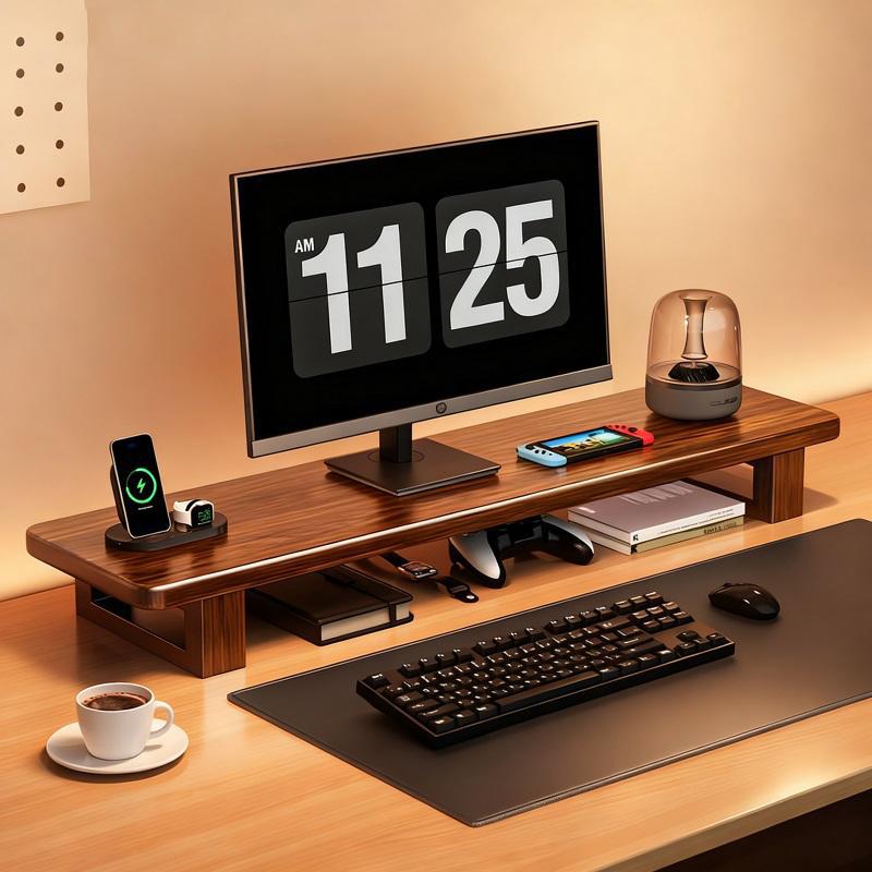 Wide Wooden Monitor Riser Shelf with Under-Shelf Storage and Cable Management