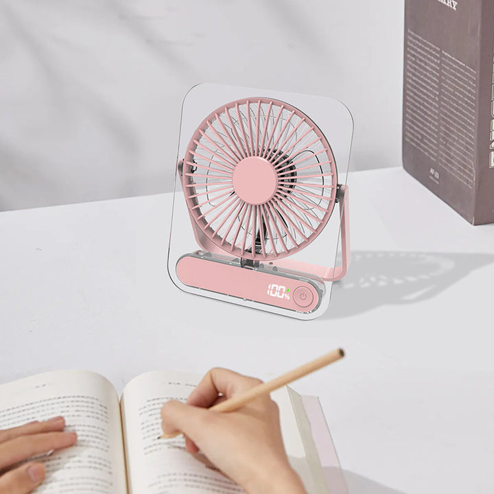 Cooling clear acrylic-framed rechargeable portable desk fan with digital battery percentage display and foldable handle Kalsten